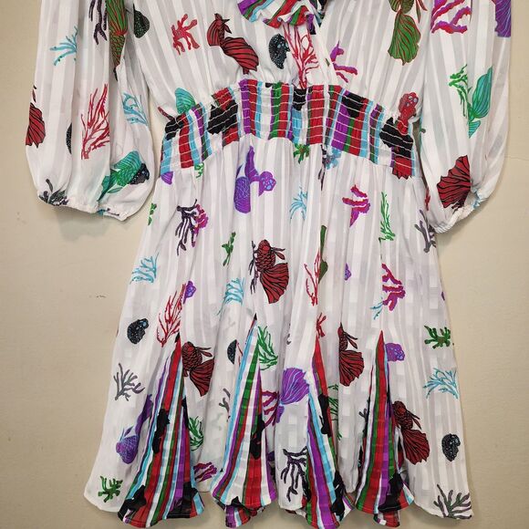 Vintage Mosaic Ruffled Mini Dress Womens XS Summer Beach Coastal Vacation - Picture 4 of 16